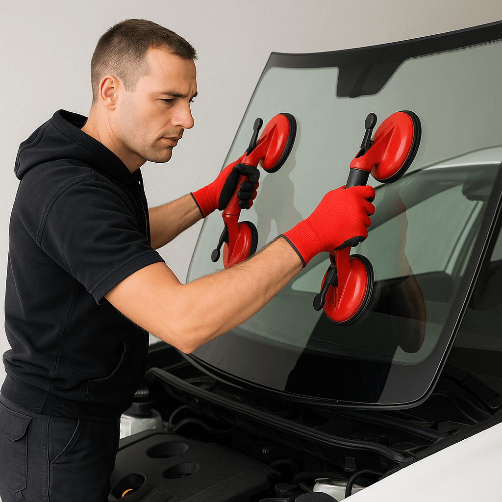 Certified technician performing windshield replacement in Pasadena